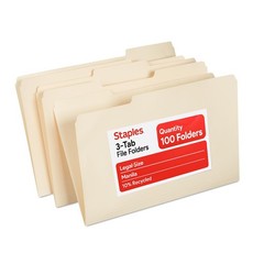 Staples Recycled File Folders, Legal Size, 1/3‑Cut Tabs, 100 Pack, Manila