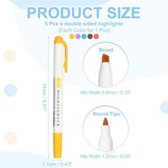 5Pack Broad and Round Tips Highlighter, Brown/Orange Red/Gold/Bright Red/Blue