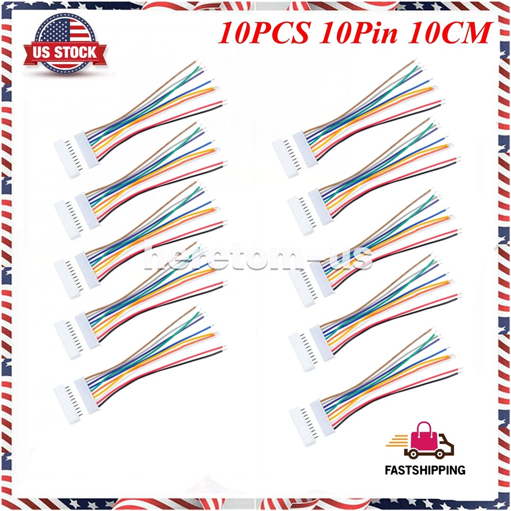 10PCS JST XH2.54mm 10Pin Singleheaded Wire Cable Connector Set Male Female 10CM