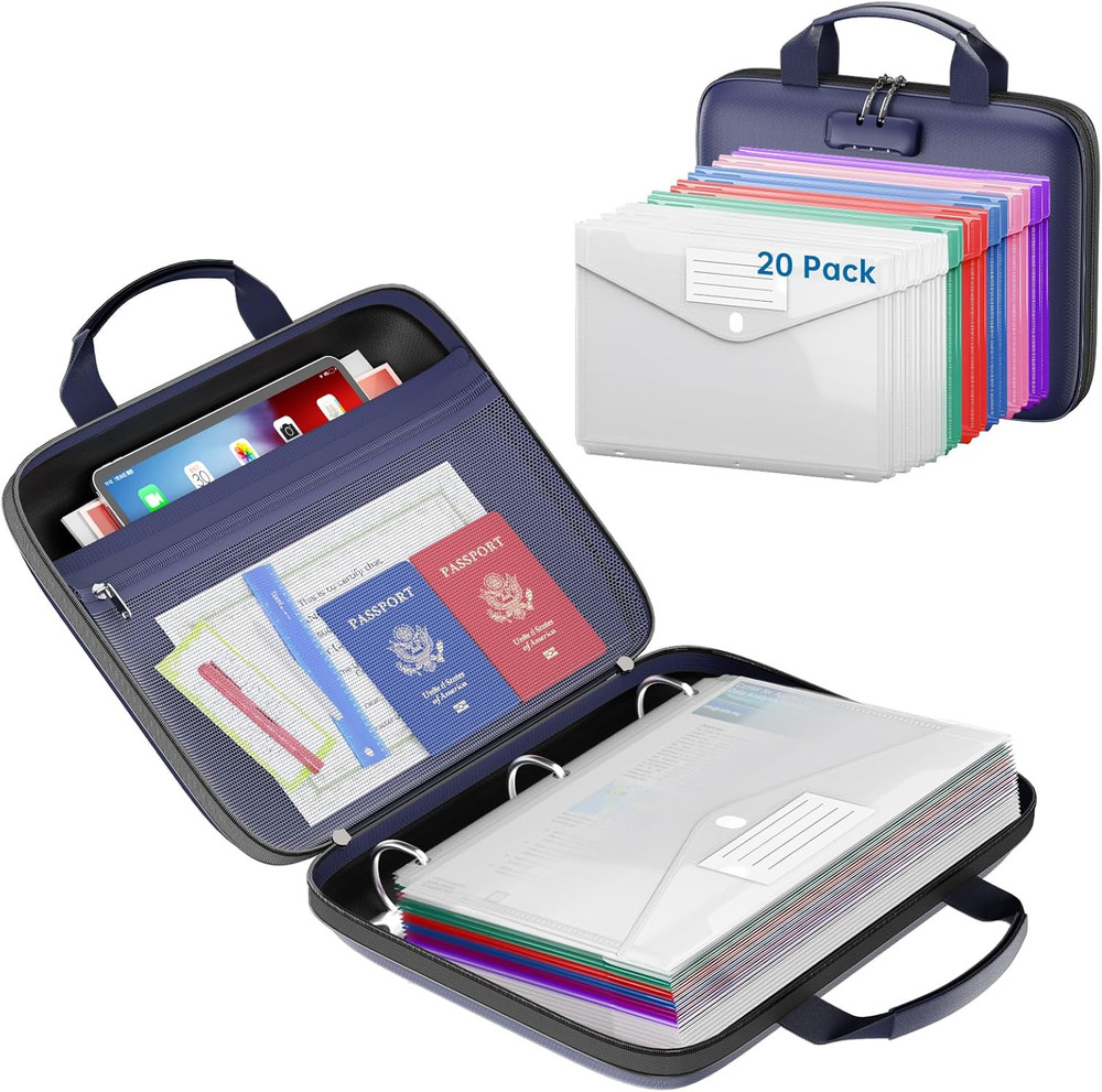 Binder Folders Organizer with 20 Pack Heavyweight Plastic Pockets,Fireproof File