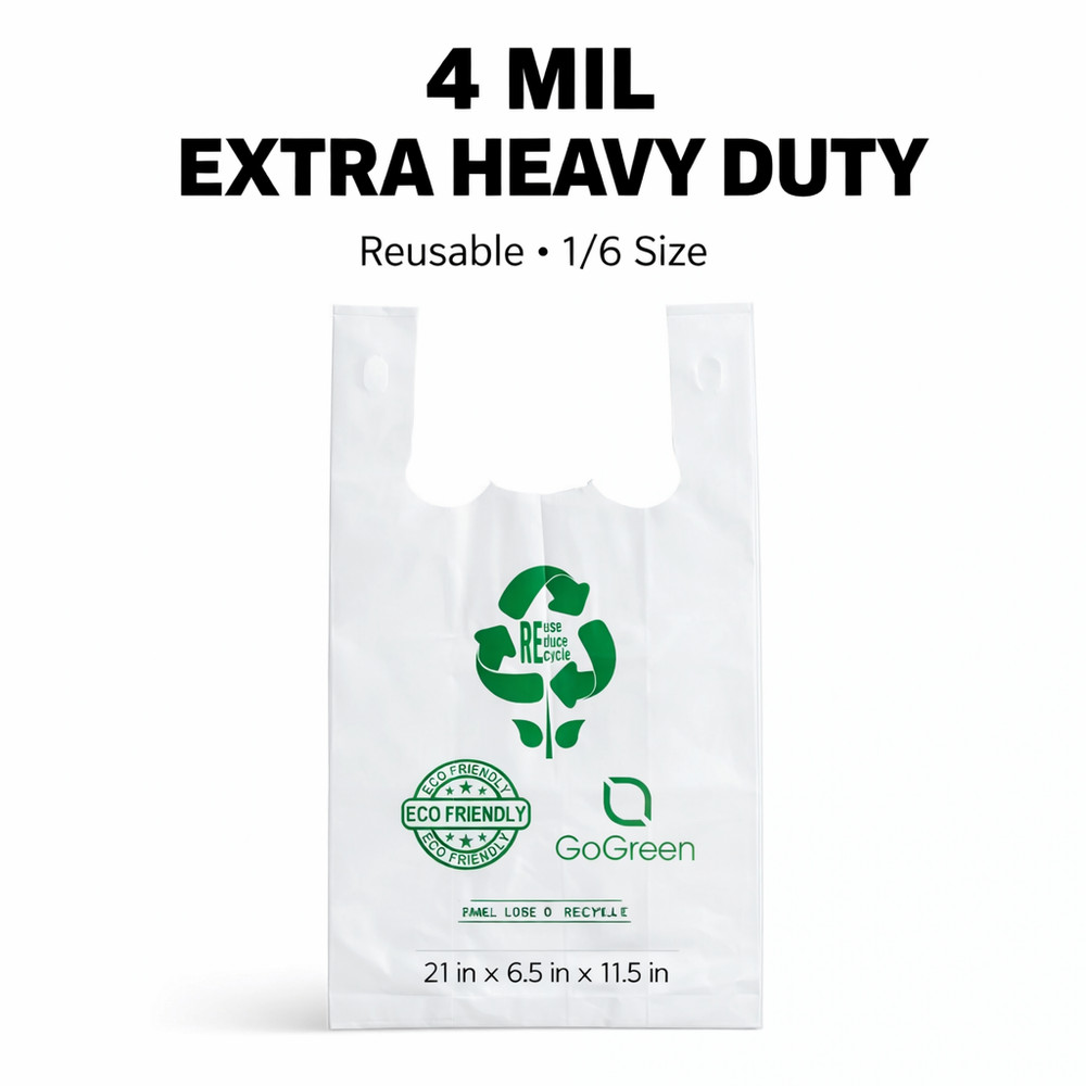 White 4 Mil Reusable Grocery T-Shirt Bags 1/6 21×6.5×11.5 Heavy Duty