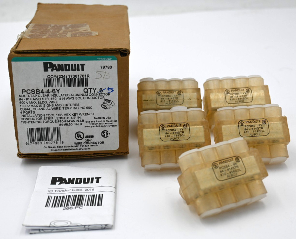 PANDUIT PCSB4-4-6Y MULTI-TAP CLEAR INSULATED ALUMINUM CONNECTOR BLOCK BOX OF 5