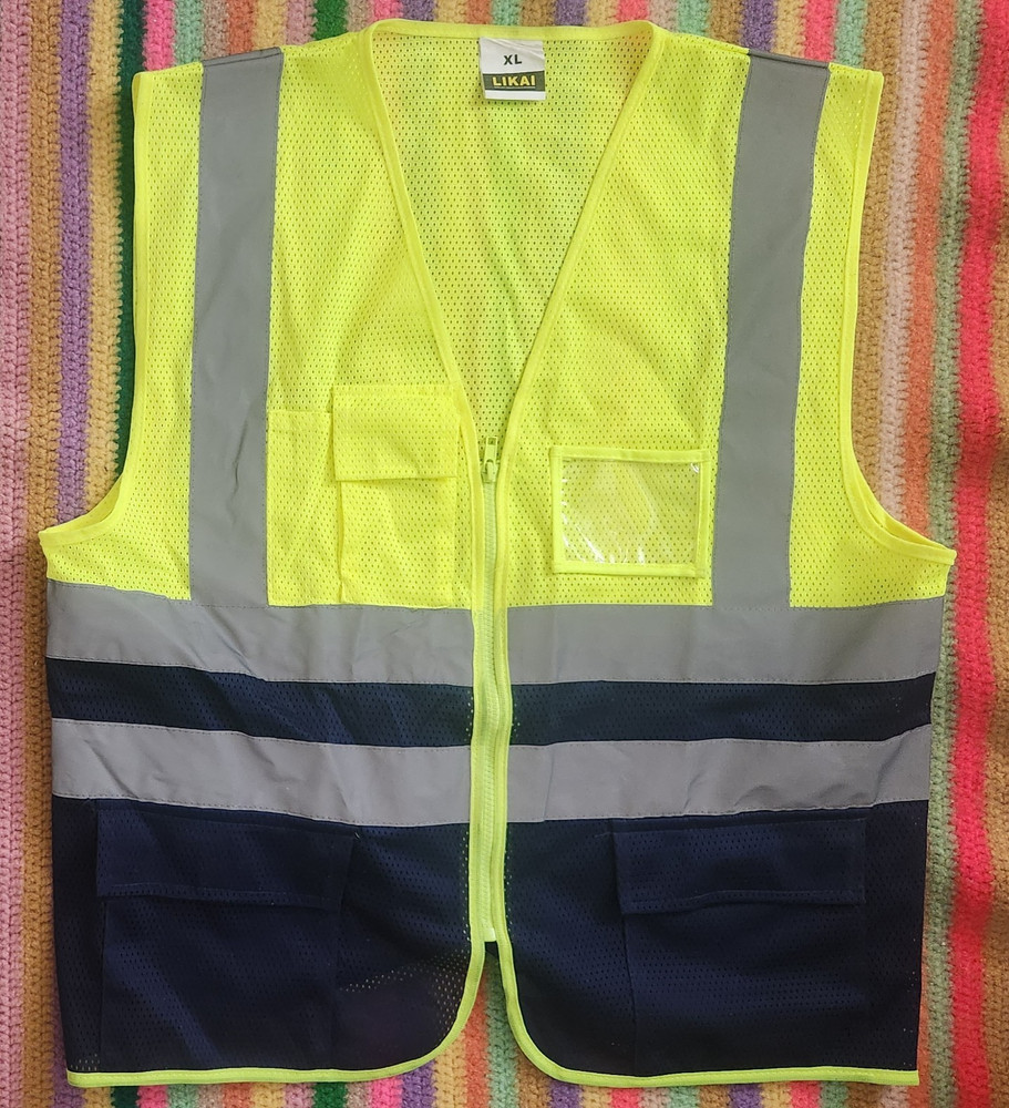 Likai XL Hi-Vis Yellow Mesh Safety Vest Zip Front Gray Reflective Stripes