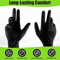 TREEGO Black Nitrile Gloves 10 Mil Heavy Duty Rubber Gloves – Raised Diamond Tex