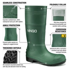 NINGO Men Steel Toe PVC Rain Boots Waterproof Cushioning Safety Work Boots Farm