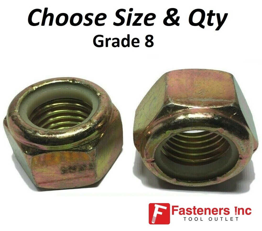 Grade 8 Nylon Insert Lock Nuts Nylock Yellow Zinc Plate (Choose Size & Quantity)