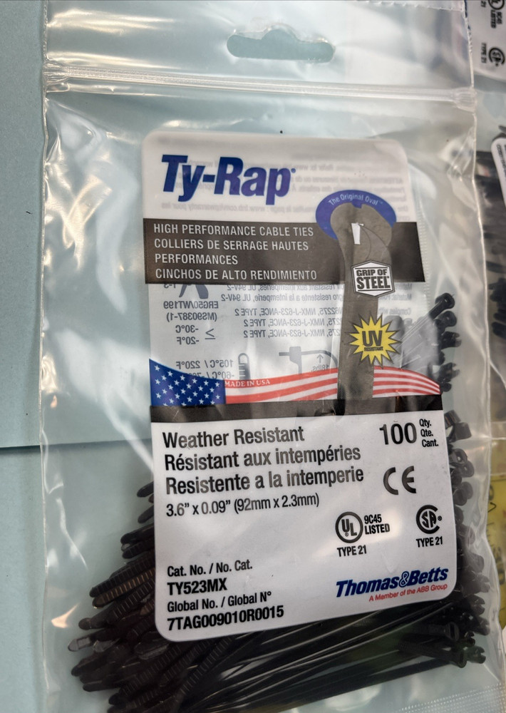 Bag of 100) Thomas & Betts Ty-Rap TY523MX 3.62 Inches 18lb BLACK UV