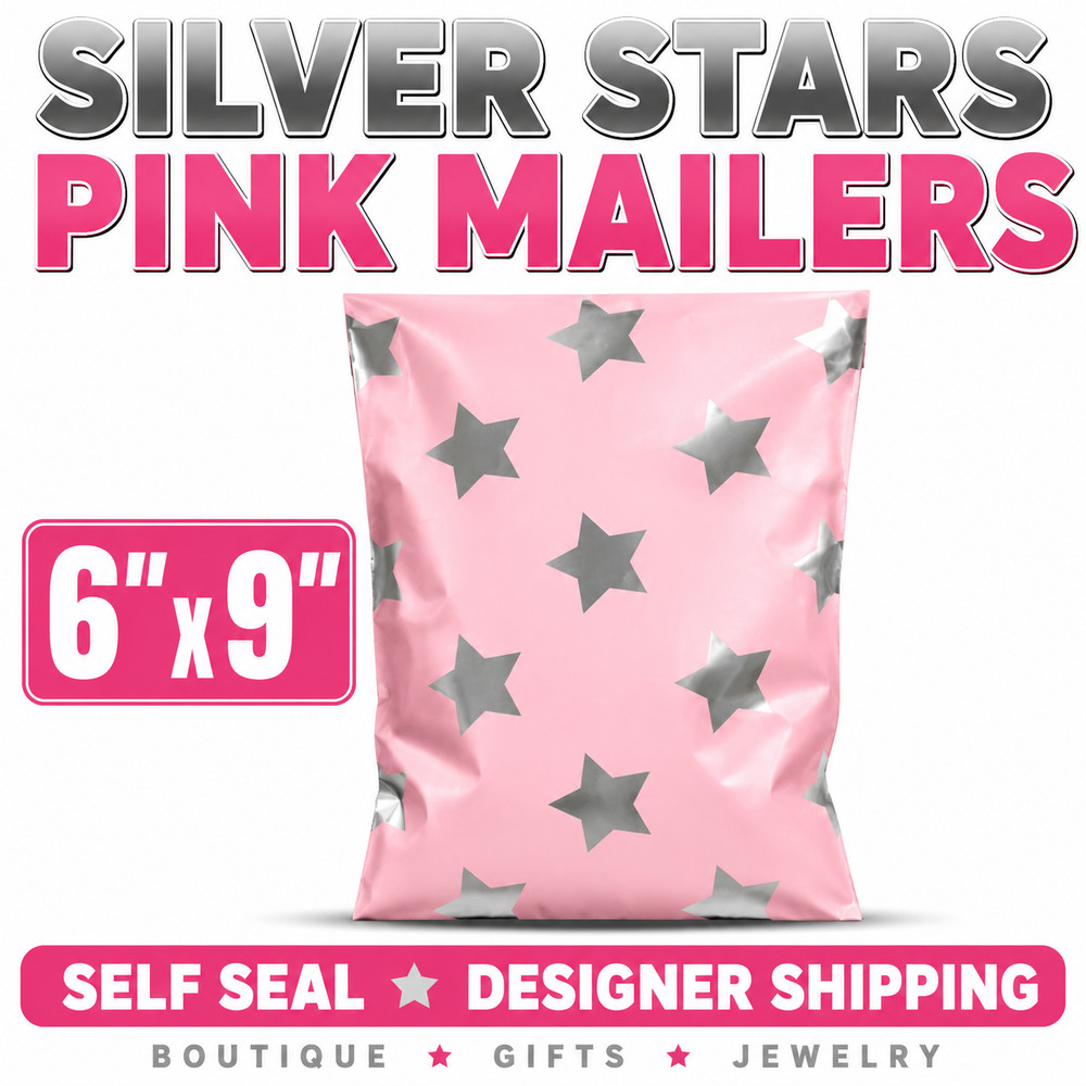 Silver Stars Pink Poly Mailers 6×9 Self Seal Designer Shipping Bags