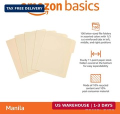 Amazon Basics File Folders 1/3 Cut Tabs Letter Size Manila 100 Pack