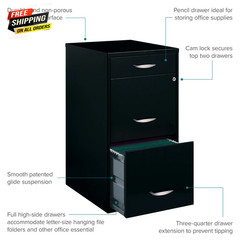 3 Drawer Letter Width Vertical File Cabinet with Pencil Drawer, Black 💪👌