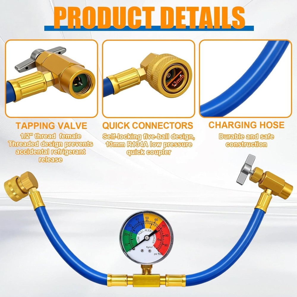 R134A Car AC Refrigerant Charge Hose Kit Recharge Hose with Gauge,1/2” Can Tap