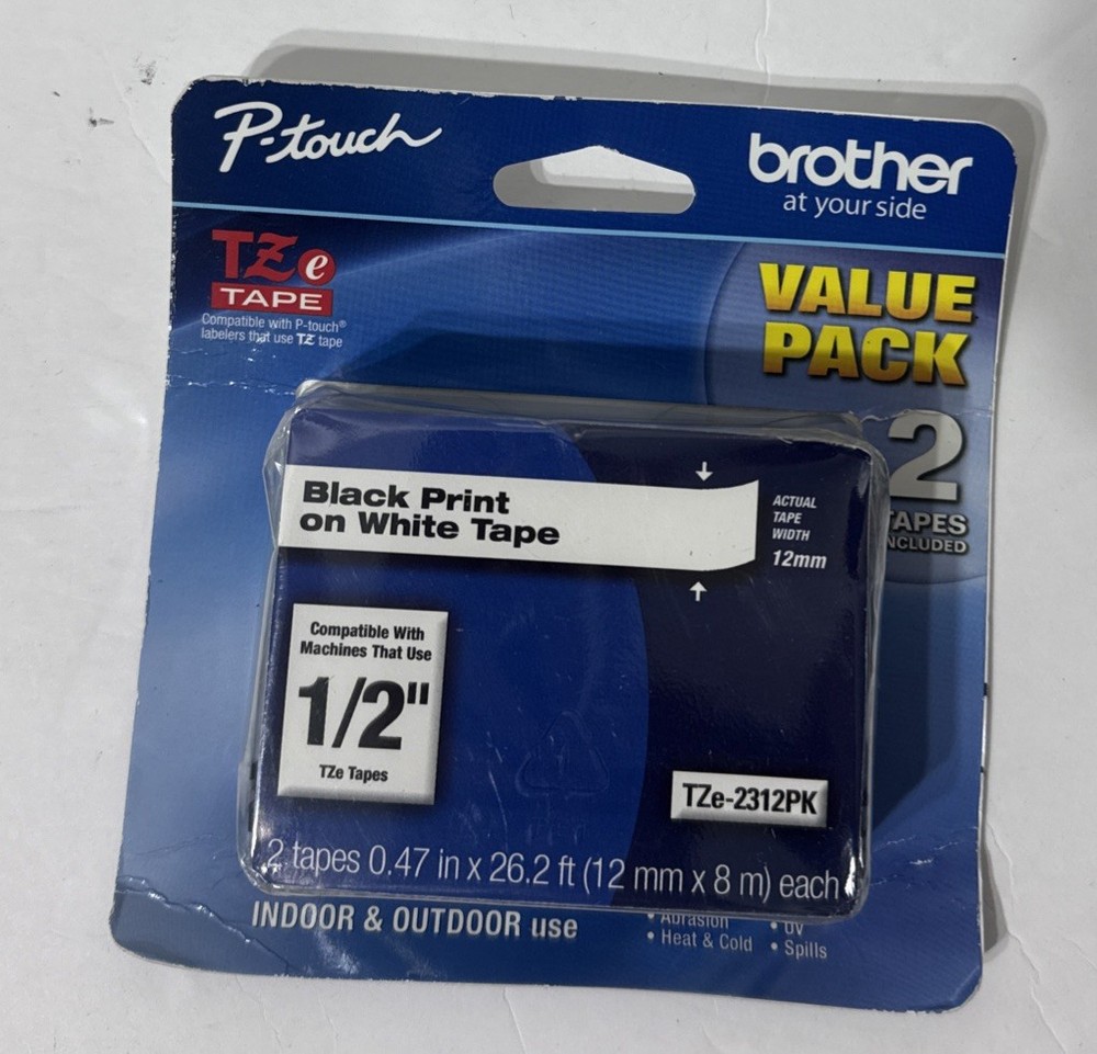 Brother TZE2312PK 12mm Black on White Tape 2 Pack 1/2” Tape Indoor Outdoor ~NEW