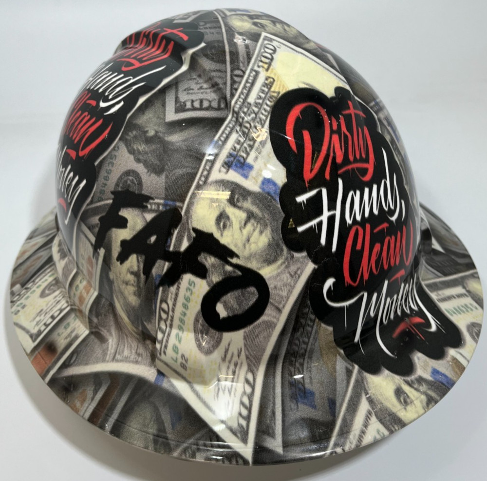 New Full Brim Hard Hat Custom Hydro Dipped DIRTY HANDS CLEAN MONEY FAFO EDITION