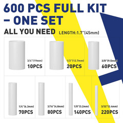 4:1 Heat Shrink Tubing Kit,600Pcs 1.75″Length 7 Size 3/32″-3/4″,Total 87.5Ft, Ad