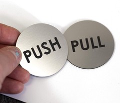 Brushed Silver Push Pull Door Signs – Set of 2, 2″ Round, Laser Engraved Acrylic