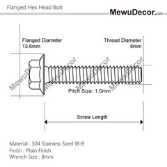 M6-1.0 X 20Mm Flanged Hex Head Bolts Flange Hexagon Screws, Stainless Steel 18-8