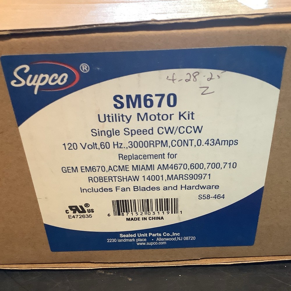 SUPCO SM670 Utility Motor Kit Single Speed CW/CCW 120 Volt, 60 Hz., 3000RPM
