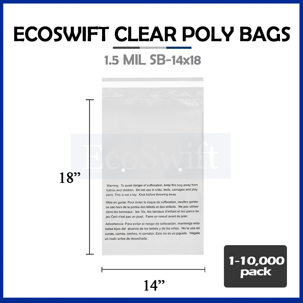 1-10000 14×18 EcoSwift Self Seal Suffocation Warning Clear Poly Bags Free Ship