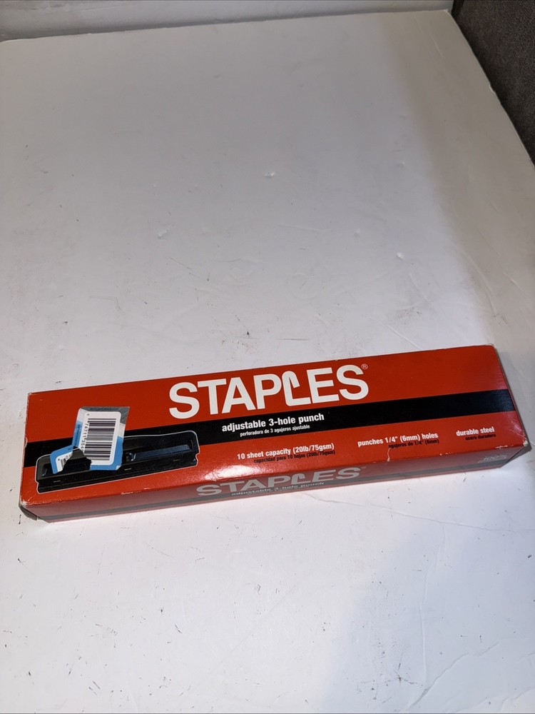 Staples Adjustable 3 Hole Punch 10 Sheet Capacity Black NIB