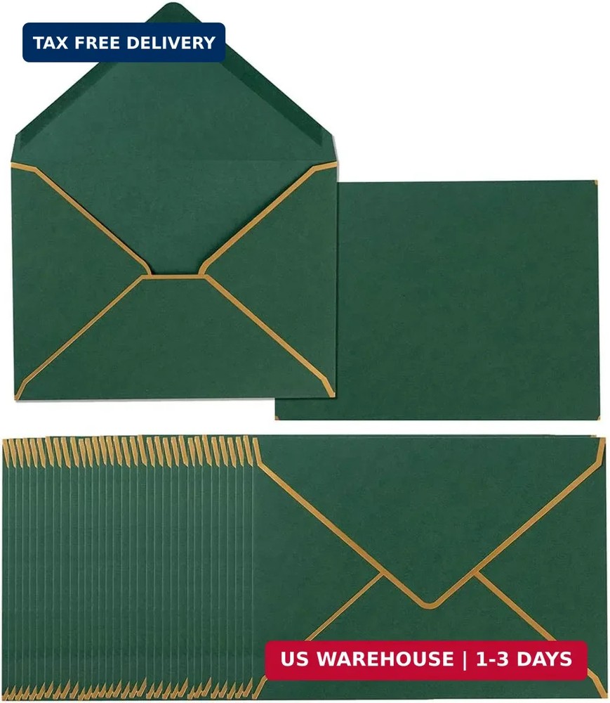 50 Pack A7 Envelopes Dark Green 5 x 7 Self-Adhesive V Flap Envelopes with Gold B