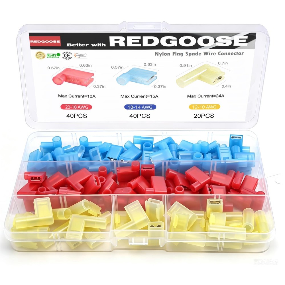 REDGOOSE 100PCS Nylon Flag Spade Quick Disconnects Female red, blue, yellow