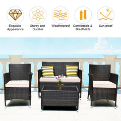 4-Piece Wicker Patio Conversation Furniture Set Sofa Chair with Brown and Grey C