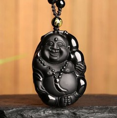 Natural crystal black obsidian laugh buddha necklace pendant Crystal Healing