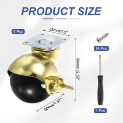 4Pcs, 2 Inch Ball Caster Wheels with Brake/Screws/Screwdriver Gold