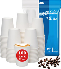100 Count 12 Oz Paper Cups, Hot Paper Coffee Cups 12 Oz, Leak-Proof Disposabl…