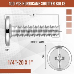 Blulu 100Pcs 1/4″20 Hurricane Shutter Bolts, Sidewalk Screws Bolts Truss Head…