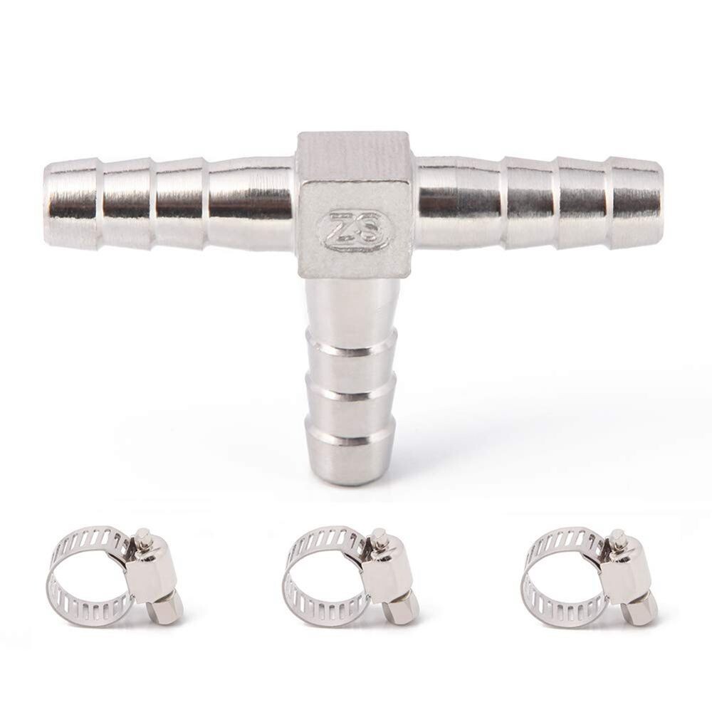 Stainless Steel 5/16″ Hose Barb Tee 3 Way T Shaped Co2 Splitter with clamps C287