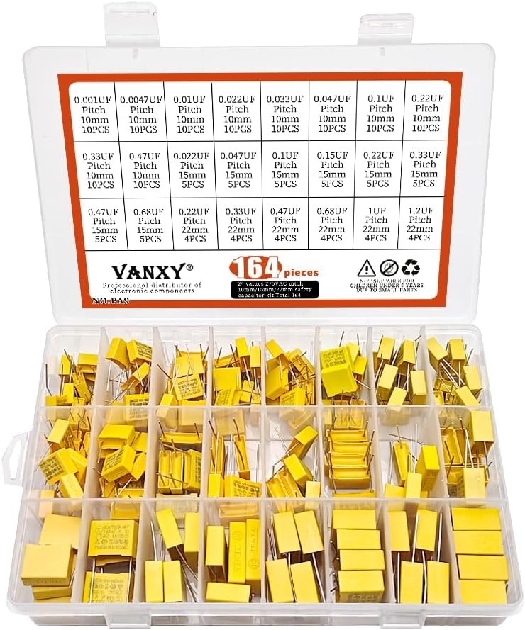24Values 164Pcs 275VAC X2 MKP Safety Capacitor Kit Polypropylene Film 0.001UF 0