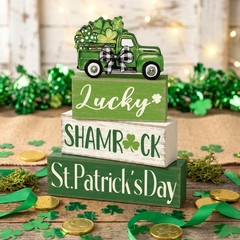 4 Pcs St Patrick’s Day Table Decorations Green Shamrocks Wooden Signs Block Fa