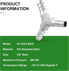 2PCS 304 Stainless Steel 3/8″ X 3/8″ X 3/8″ Hose Barb Fittings，3 Way Y Shape Joi