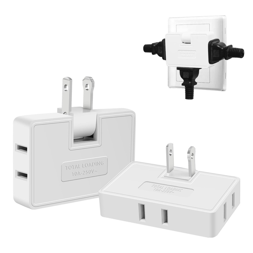 3 Way Flat Wall Outlet Extender Adapter- 2 Pack 180 Degrees White 2