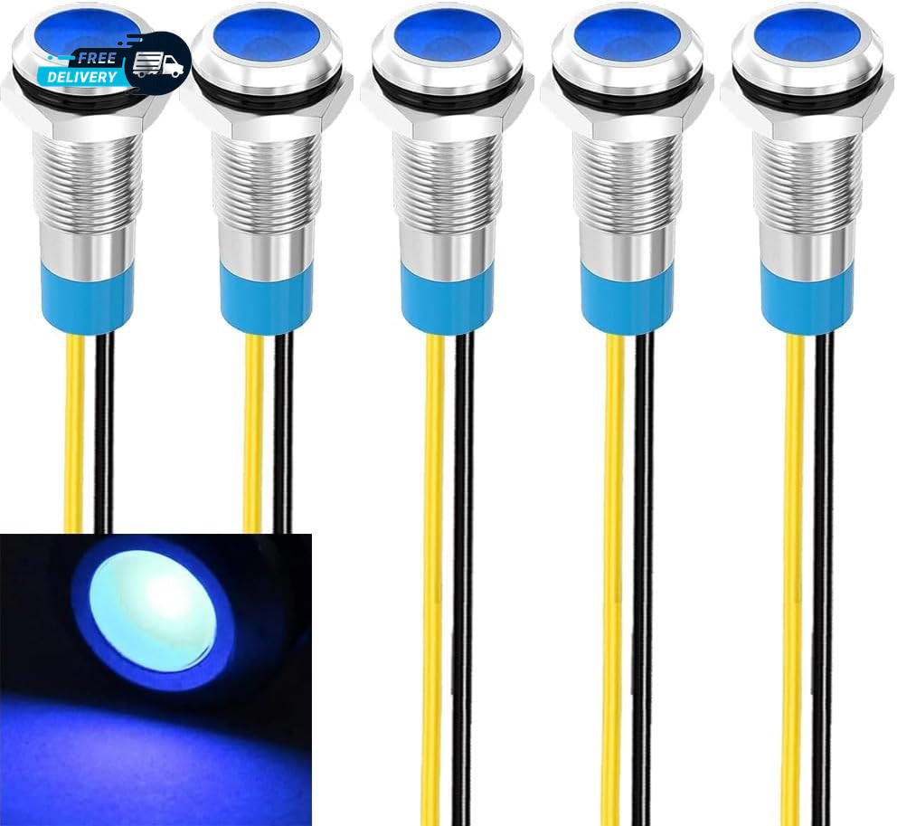 5Pcs 8Mm LED Metal Indicator Light 110V-220VAC Waterproof Signal Lamp (Blue)