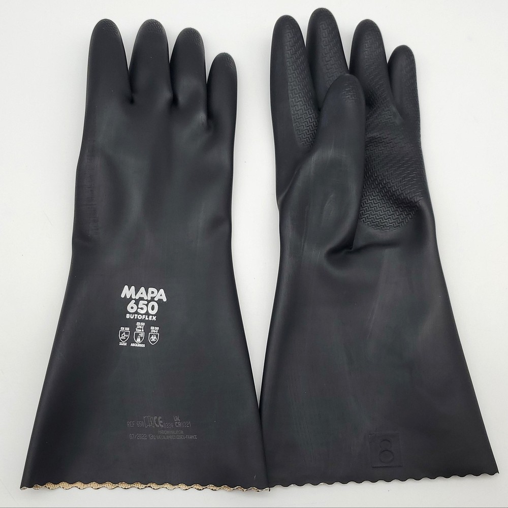 MAPA Butoflex 650 Butyl Gloves Chemical Resistant Size 8 Med 14″ Long Black Pair