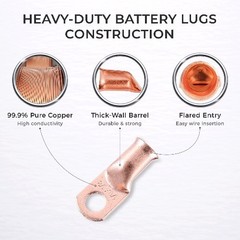 1/0 AWG 0 Gauge 1/4 Inch M6 Copper Ring Terminals Pcs Heavy Duty Battery Cable