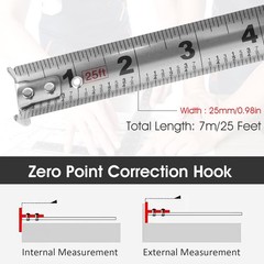 Retractable Stainless Steel Tape Measure, 25FT, Dual 7.6 m, silver + gray