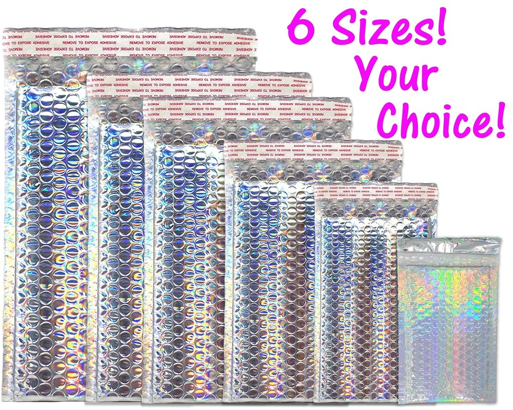 WHOLESALE by the CASE, Multiple Sizes Holographic Metallic Bubble Mailers Strong