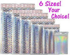 WHOLESALE by the CASE, Multiple Sizes Holographic Metallic Bubble Mailers Strong