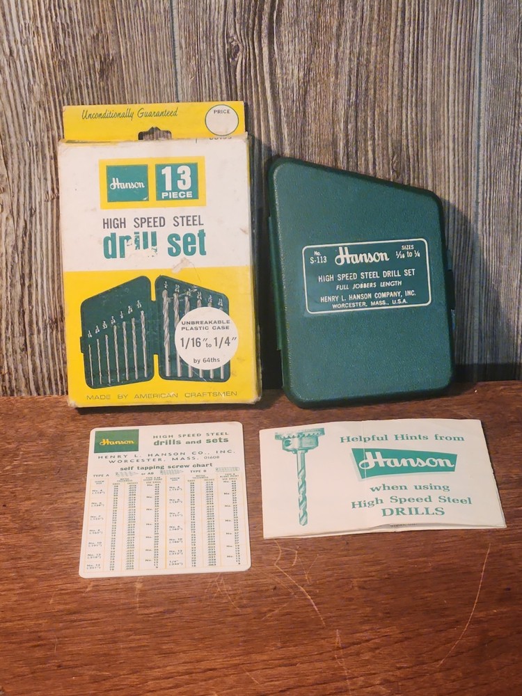 Hanson High Speed Steel Drill Set Full Jobbers Length S-113 Sizes 1/16″ to 1/4″