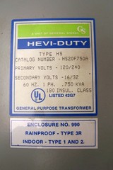 GS HEVI-DUTY HS20F750A TRANSFORMER 0.75 kVA PRI 120/240V SEC 16/32V 1PH USED