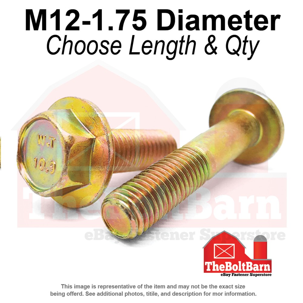 M12-1.75 Class 10.9 Hex Flange Screws Frame Bolts Zinc Yellow (Pick Length &Qty)