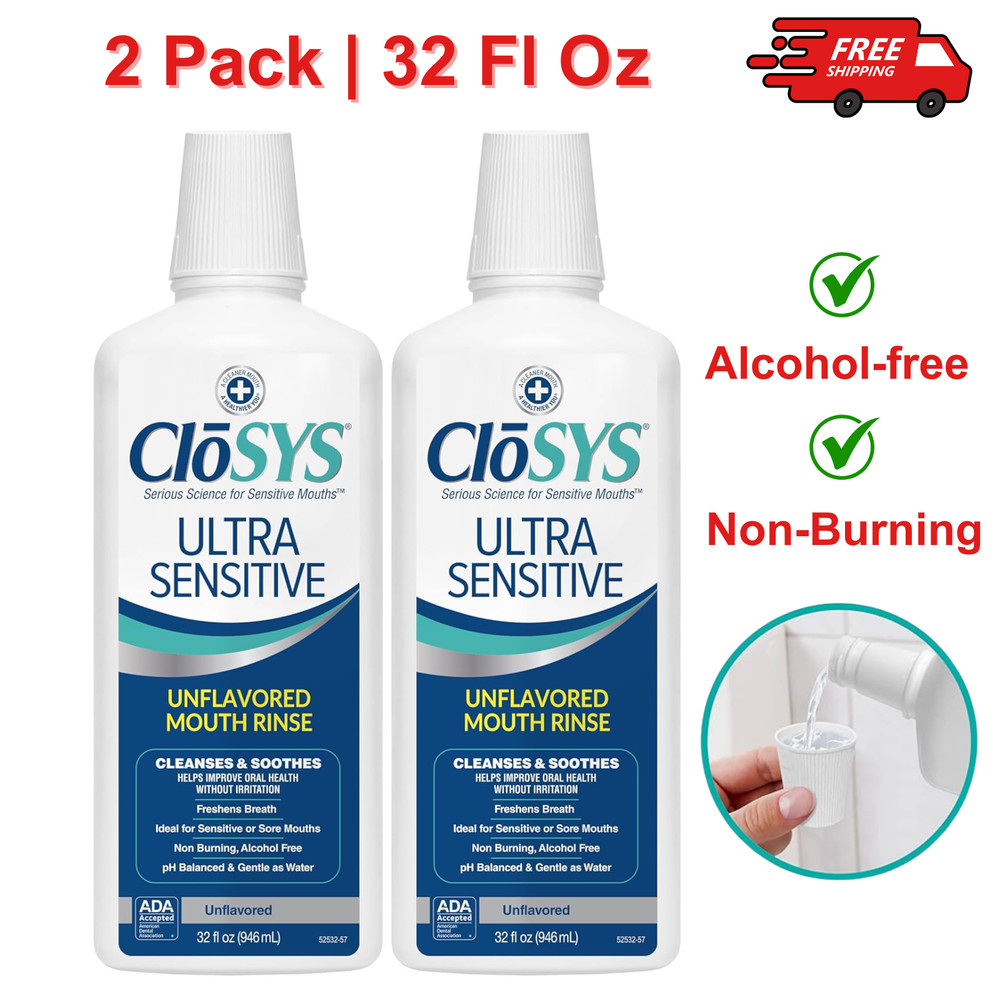 CloSYS Ultra Sensitive Mouthwash, Unflavored Alcohol Free, Soothe 2 Pack 32 Oz