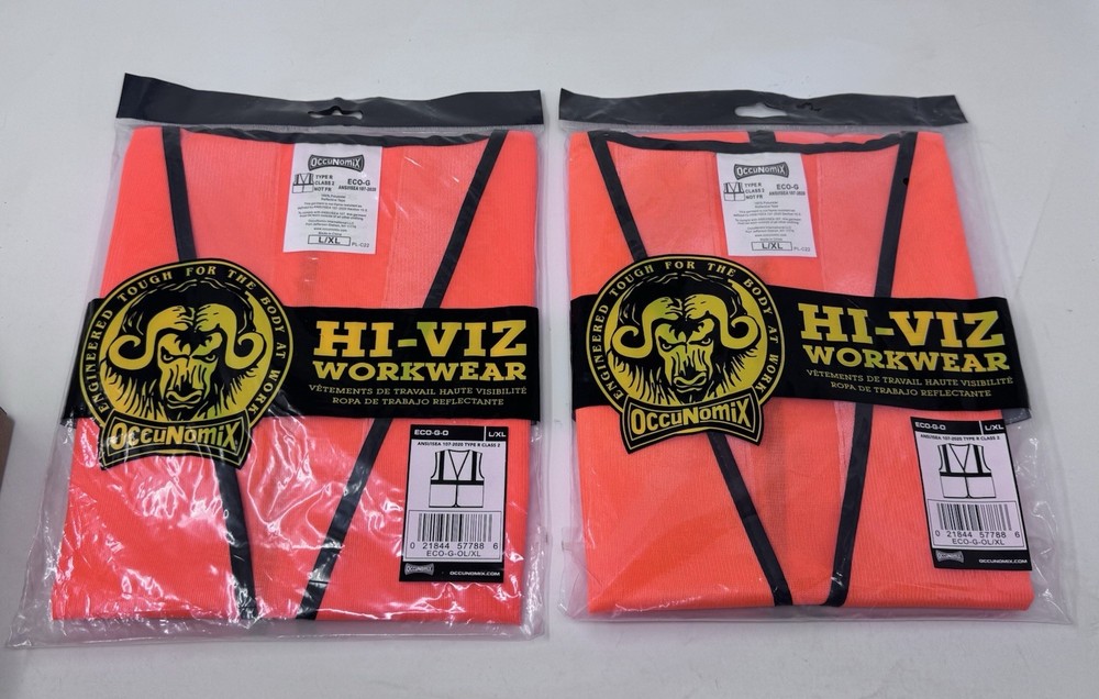Pair Occunomix Hi-Viz Workwear Orange L/XL Safety Vest W Pockets Type R Class 2