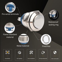 5pcs 19mm Momentary Push Button Switch IP65 Waterproof Copper Shell