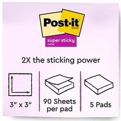 Post-It Notes 654-5SSBW Mediterranean Blue, Super Sticky, 3×3″, Pack of 5 Pads