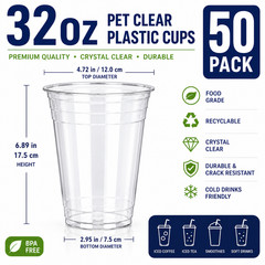 [12oz-32oz] 50 Pack Clear Disposable Plastic Cups with Lids and Straws