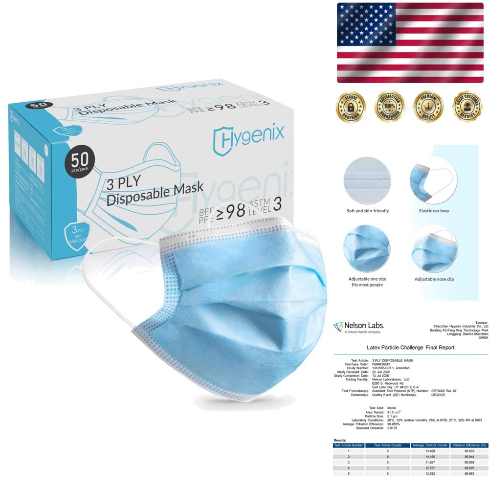 Fluid Resistant Disposable Face Masks, 3-Ply Ear Loop – 50 Count, Latex Free